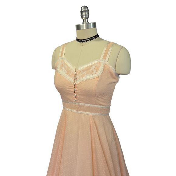 Gunne Sax Pink Maxi Dress Size S 9 Lace Prairie Swiss Dot Peach Vintage 70s - Picture 9 of 13